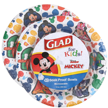 Glad for Kids Disney Mickey and Friends 12oz Paper Bowls| Disney Mickey Mouse Paper Bowls Kids Bowls| Kid-Friendly Paper Bowls for Everyday Use 12oz Paper Bowls 40 Count - 2 Pack
