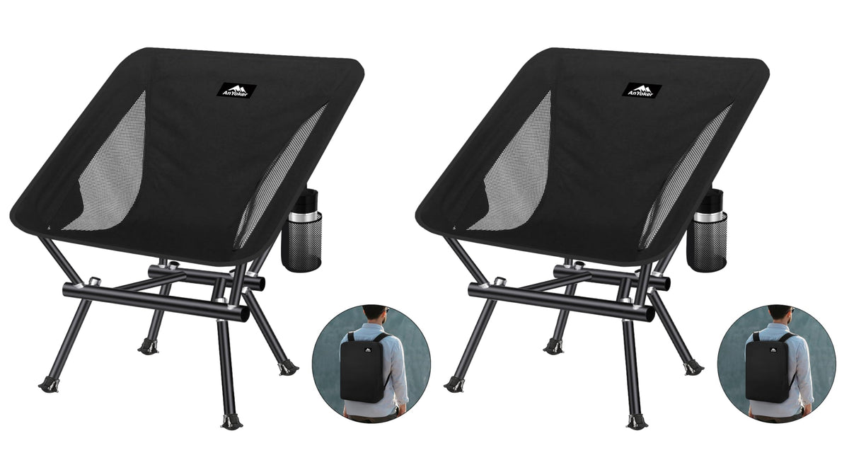 AnYoker Camping Chair Portable Outdoor Beach Lawn Chair Compact Lightweight Folding Chair Backpack Hiking Chair 133ZZ-SJB（Black 2 Pack）