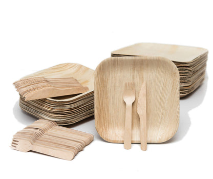 EVERMADEGREEN Palm Leaf Plates with Cutlery – 150pc 8 inch Square Bamboo Plates Disposable Set with 50 Wooden Knives and Forks – Biodegradable Nature-Friendly